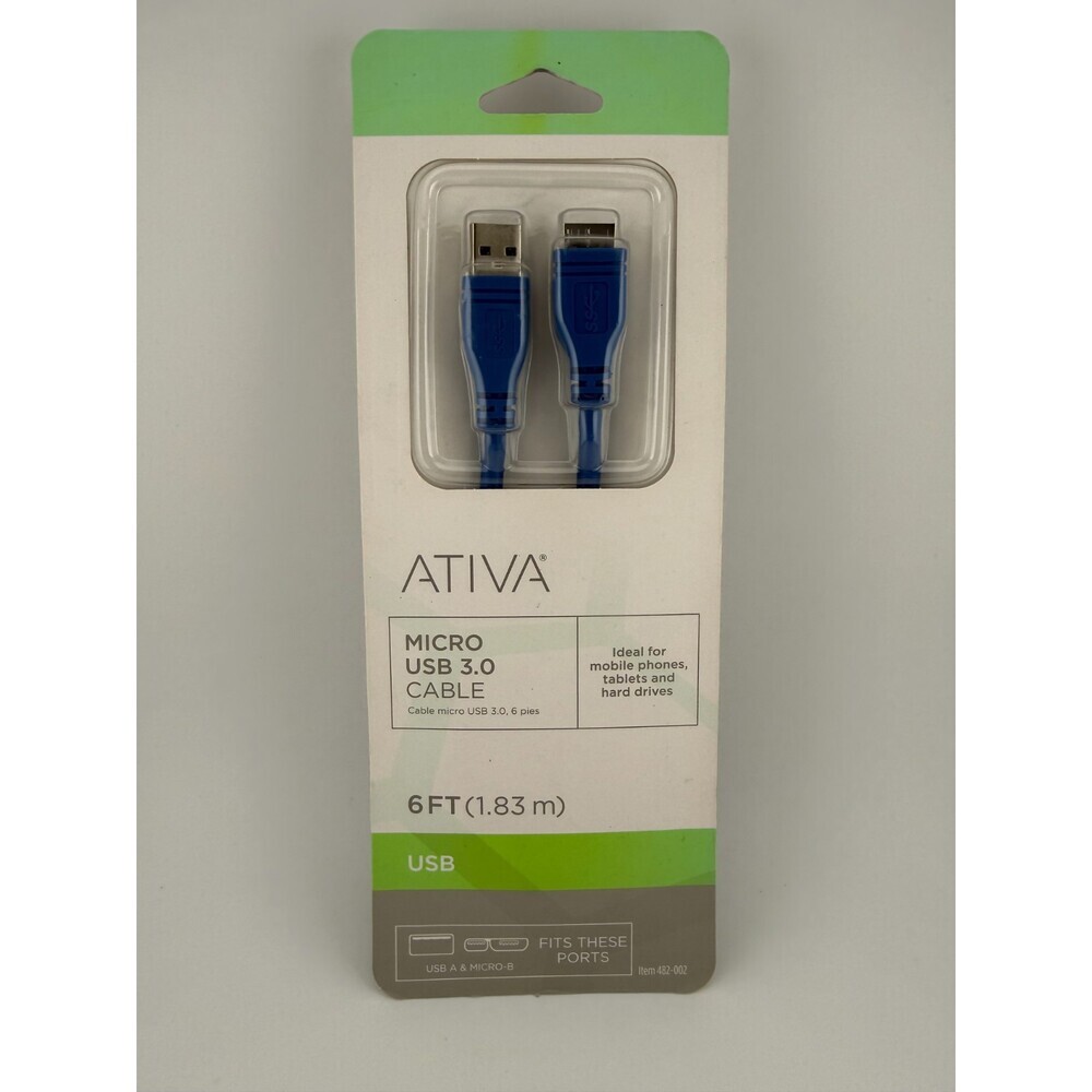 NEW Ativa 487-002 Blue USB-A to Micro-B Charging Sync 6ft Micro USB 3.0 Cable